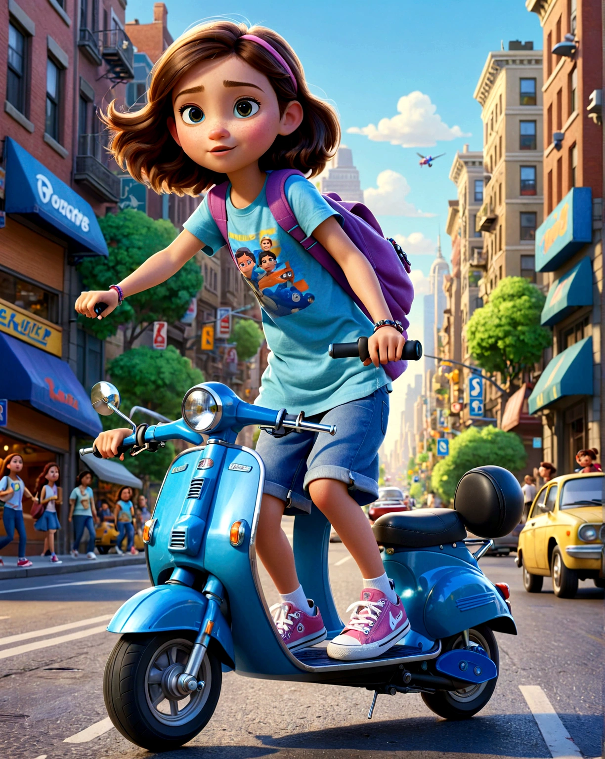 A young girl riding a blue scooter, wearing a casual outfit. She's in a t-shirt and jeans, with a light jacket and sneakers. The background is a busy city street, with cars and people around. Pixar character.