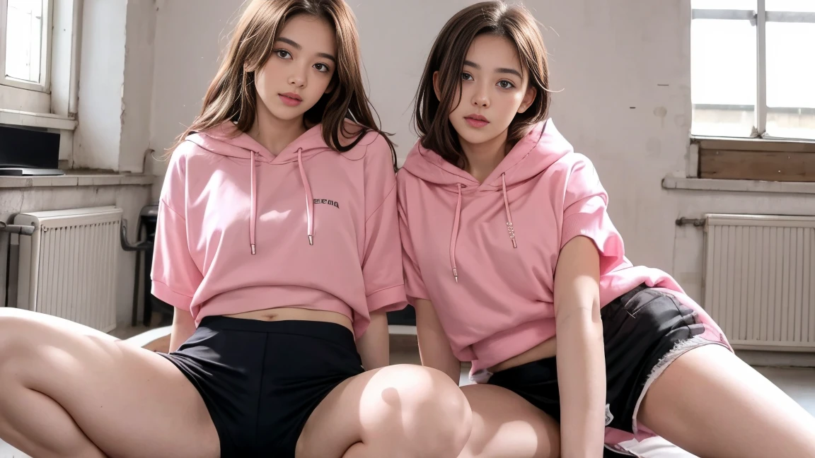deux femmes ensemble de 18 ans sexy et mince , pink short sleeve hoodie , salle de classe, se touche,position sey,sensuel