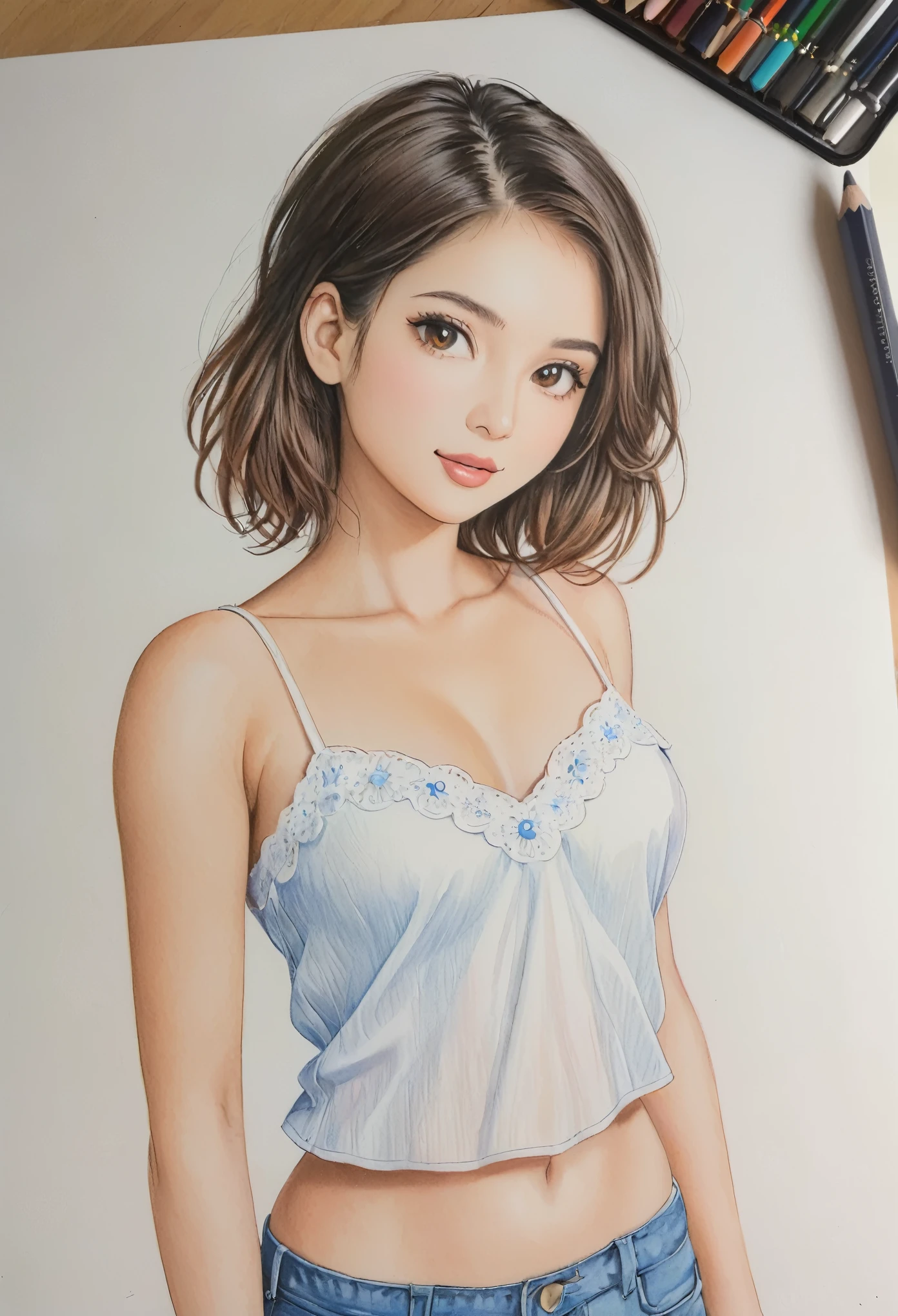 female,short camisole,white,Art,ad,colour pencil drawing,draft drawing