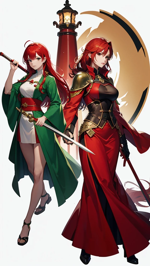 Strong women, Red Hair, Green robe, Traveling Swordsman, Full body side view, View Viewer, Pure white background