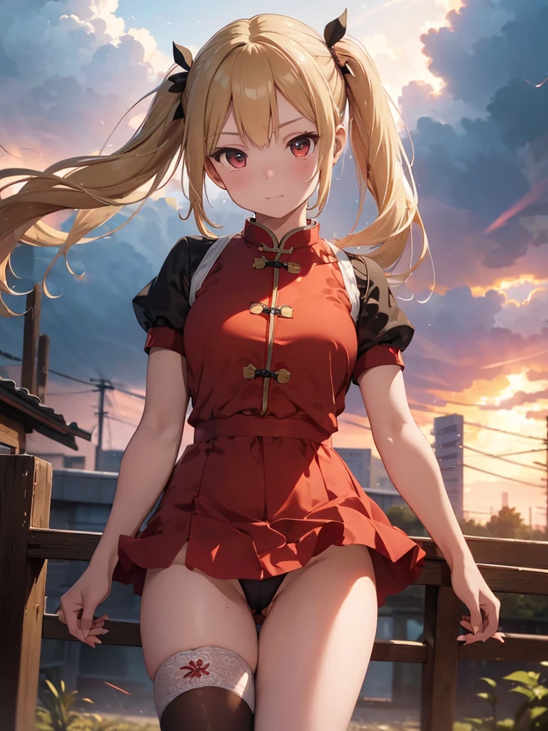 8k, Delicate image quality, best quality, (((blond twintails))), Red qipao, panty hose,  Beautiful girl, masterpiece, best quality, ultra detailed, Photo taken from below, outdoors, storm, lightning, leg spread,