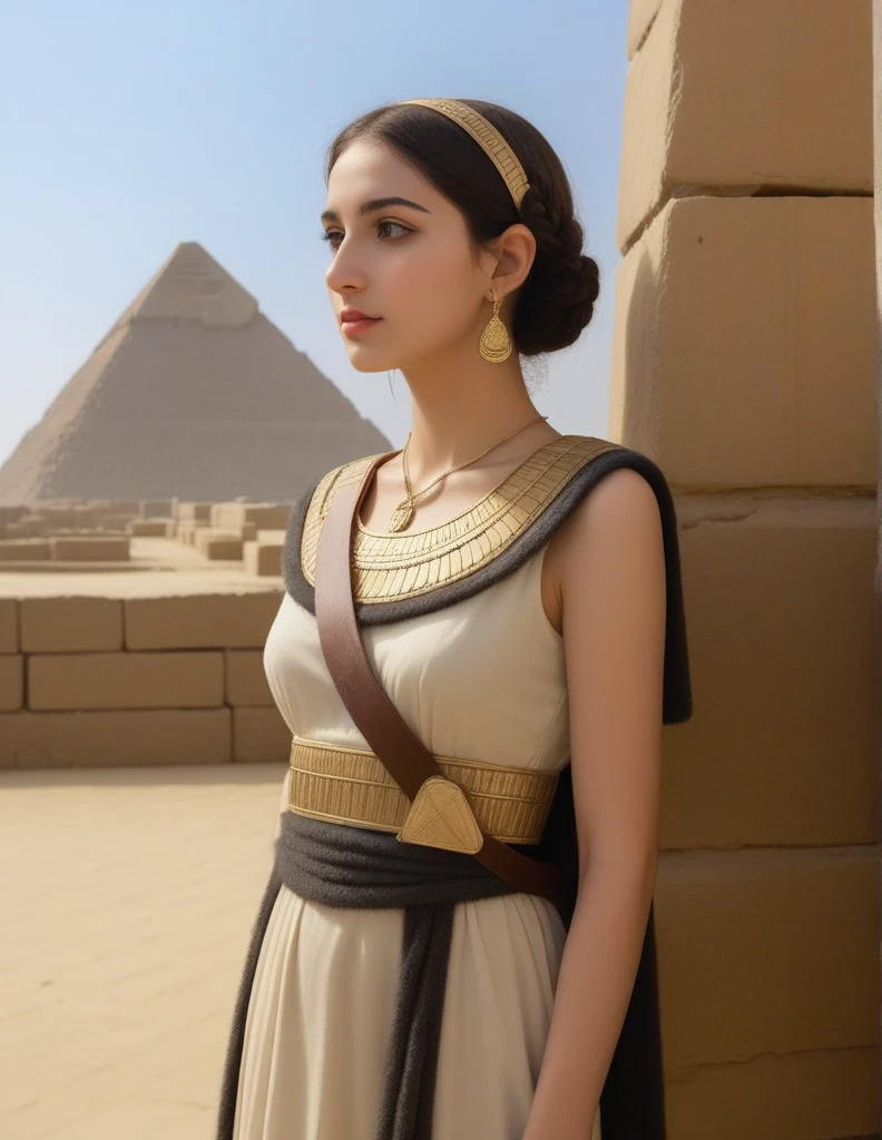 score_10,score_9_up,score_8_up,score_7_up, hadrian, side view, bid breasts, expressionless, looking ahead, with Pyramid of Khufu view, in Egypt, furry cat, egyptian clothes, egyptian mythology, truncheon, staff, woman
