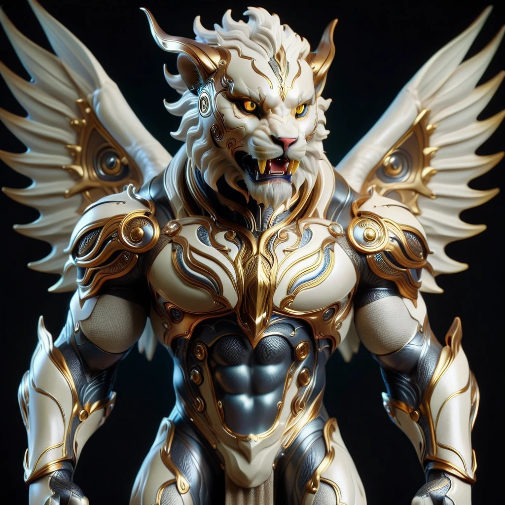 hyper detailed masterpiece, dynamic, incredible quality,ivory semi-ghost, mythical creature, lion body, poisonous stinger tail end, human face, sharped teeth,  mane around the head and neck, Powerful muscular physique, spikes, distinct fierce expression, formidable legendary beast, fancy, fairy tale, angel wings, looking straight ahead