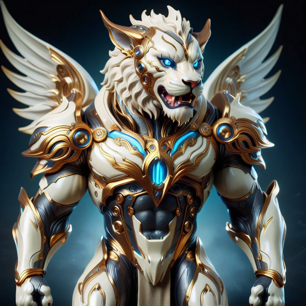 hyper detailed masterpiece, dynamic, incredible quality,ivory semi-ghost, mythical creature, lion body, poisonous stinger tail end, human face, sharped teeth,  mane around the head and neck, Powerful muscular physique, spikes, distinct fierce expression, formidable legendary beast, fancy, fairy tale, angel wings, looking straight ahead