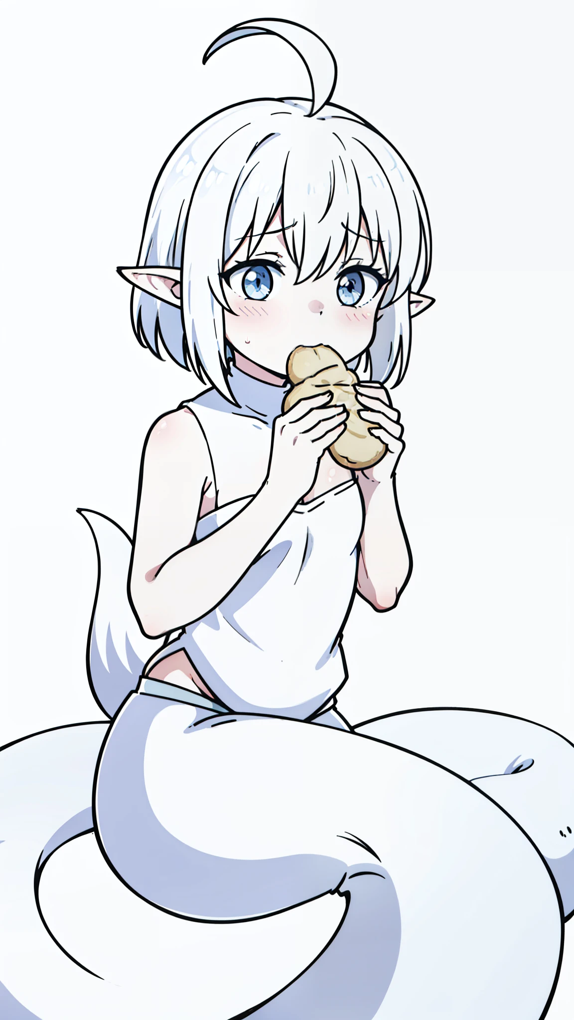 1girl,10s,kid,short hair,white hair,ahoge,lamia tail,white lamia tail,(white background),pointy ears,sleeveless,white shirt,(little cleavage),shy,blush,cute,eating a bread,portrait