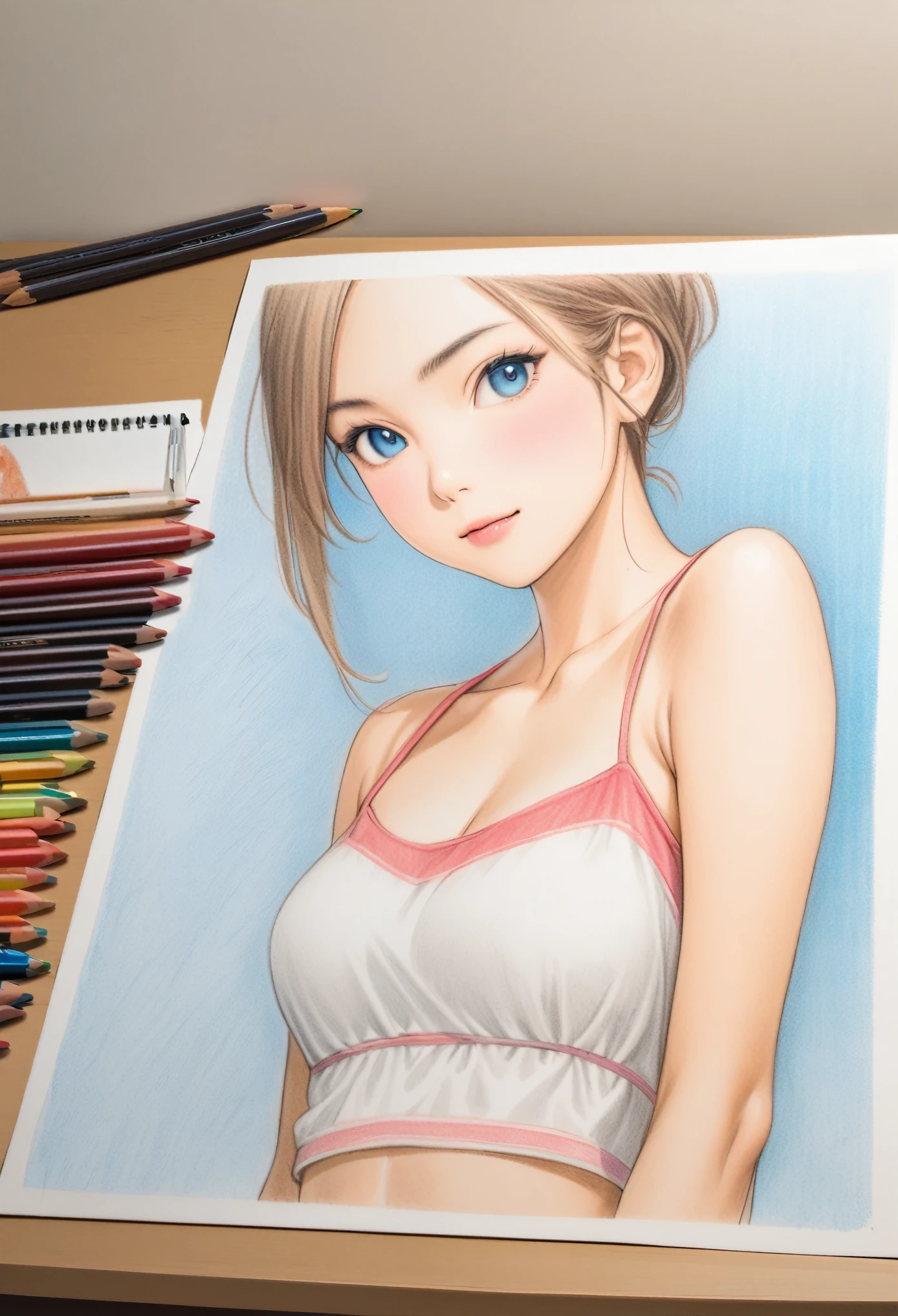  female，short camisole，white，Art，ad，colour pencil drawing，draft drawing 