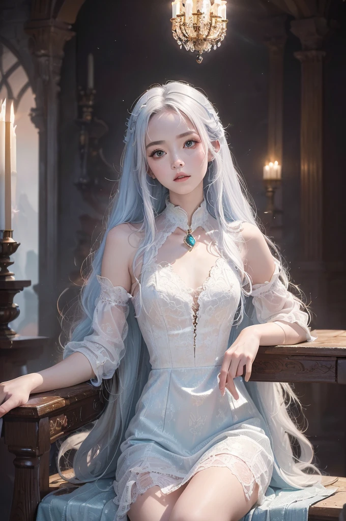 ((masterpiece:1.5,Highest quality,Highly detailed images,Beautiful images、Realistic、Photorealistic、2.5D))(1girl, 独奏)(Adult women、medium breasts, white hair, black eyes, Healthy legs、Tight ass、Beautiful cleavage)(Fantasy dresses、Fantasy Clothes、Black battle dress、Deep slit)(smile, wind, floating hair)(bright、Soft lighting、Inside the castle、The King's Chamber)
