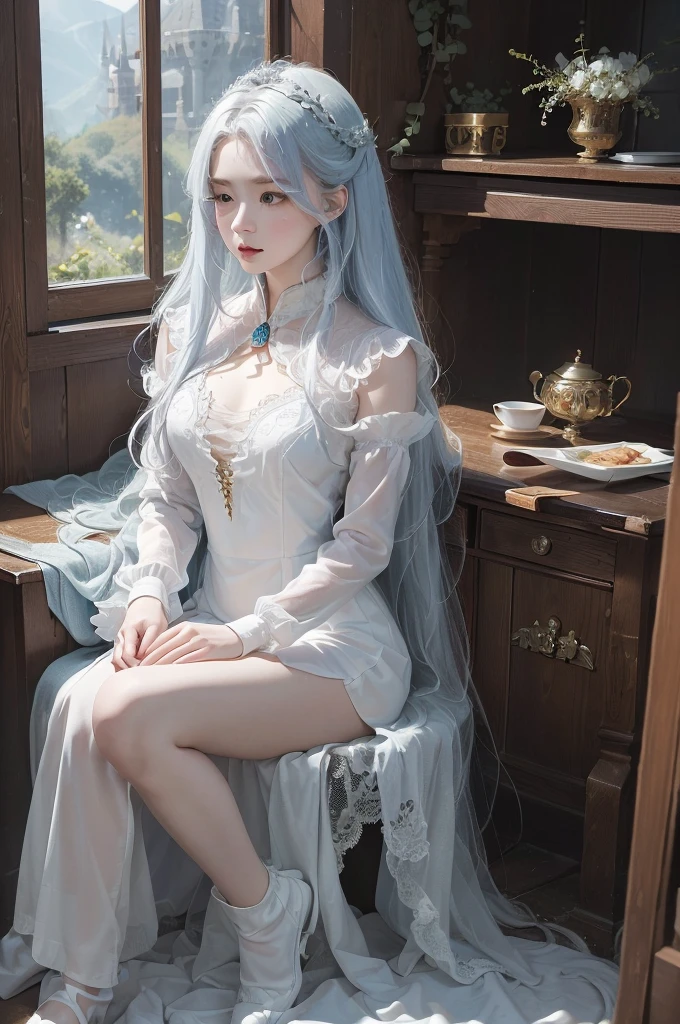 ((masterpiece:1.5,Highest quality,Highly detailed images,Beautiful images、Realistic、Photorealistic、2.5D))(1girl, 独奏)(Adult women、medium breasts, white hair, black eyes, Healthy legs、Tight ass、Beautiful cleavage)(Fantasy dresses、Fantasy Clothes、Black battle dress、Deep slit)(smile, wind, floating hair)(bright、Soft lighting、Inside the castle、The King's Chamber)
