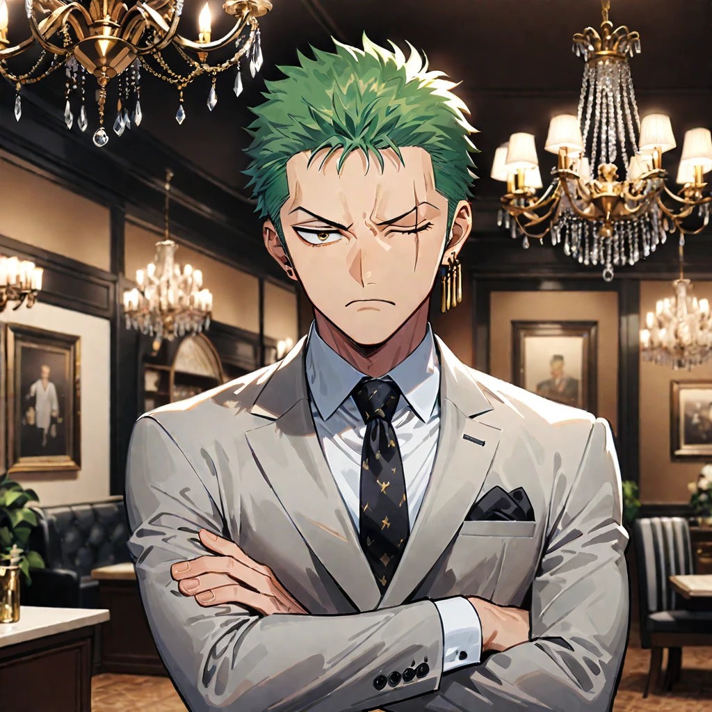 roronoa zoro, male focus, 1boy, green hair, formal, solo, scar across eye, suit, crossed arms, necktie, jewelry, earrings, scar, short hair, scar on face, chandelier, looking at viewer, one eye closed, shirt, frown, alternate costume, ((medium quality)), ((medium quality))