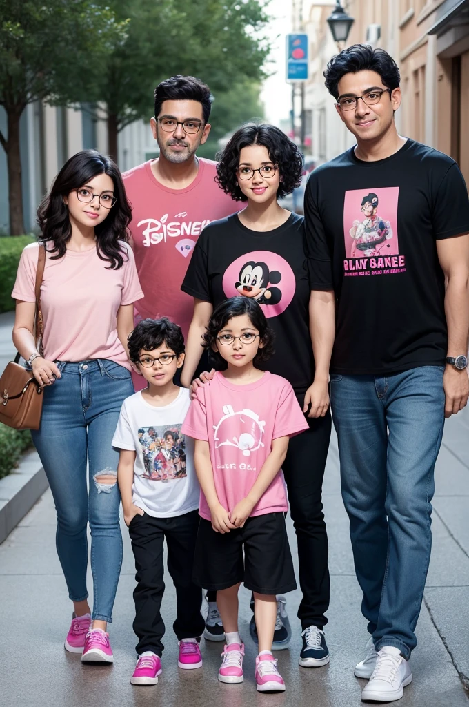 Dark-haired father with black hair, Brunette mother with short curly black hair wearing glasses and a teenager in a pink t-shirt,jeans and sneakers and teenage boy with black curly hair, Disney Pixar | |