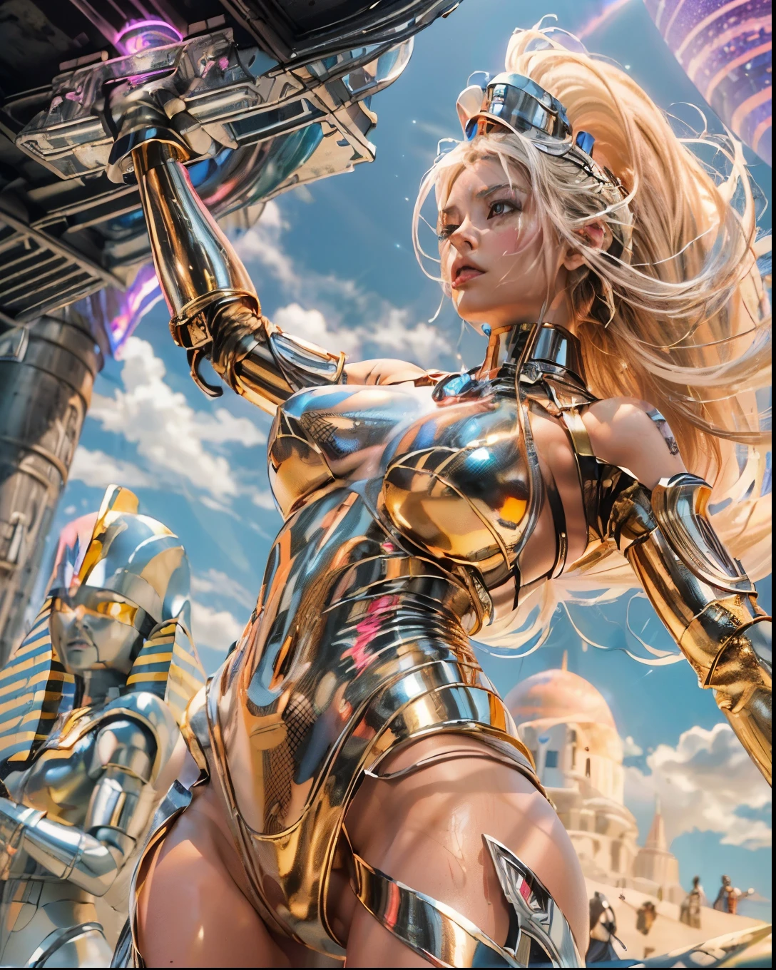 (((low angle shot))), ((women fighting in war wearing ultra thin translucent bikini with gorgeous muscular long legs)), ((pink silver black)), prismatic, reflective, ((ultra perfect flowing hairstyle)), (((huge natural breasts, tan lines))), ((perfect radiant skin color)), ((super colourful)), (((cinematic sunset gorgeous skies))), (((detailed spaceship background and incredibly sci-fi retro art masterpiece))), (((1:1 scale proportions))), ((science fiction)), ((chrome spaceships)), (((ultra photorealistic realism))), ((Smooth curves, clean lines, streamlined, functional aesthetics, reflective surfaces, integrated lighting, giant floating spaceships, engraved Egyptian and spiritual motifs)), ((acrylic plastic robot))
