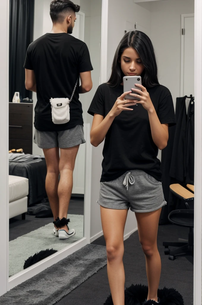 Una chica con shorts gris, like a tail, taking a photo covering his face with an iPhone cell phone, with black claw slippers and a black t-shirt , in front of a mirror
