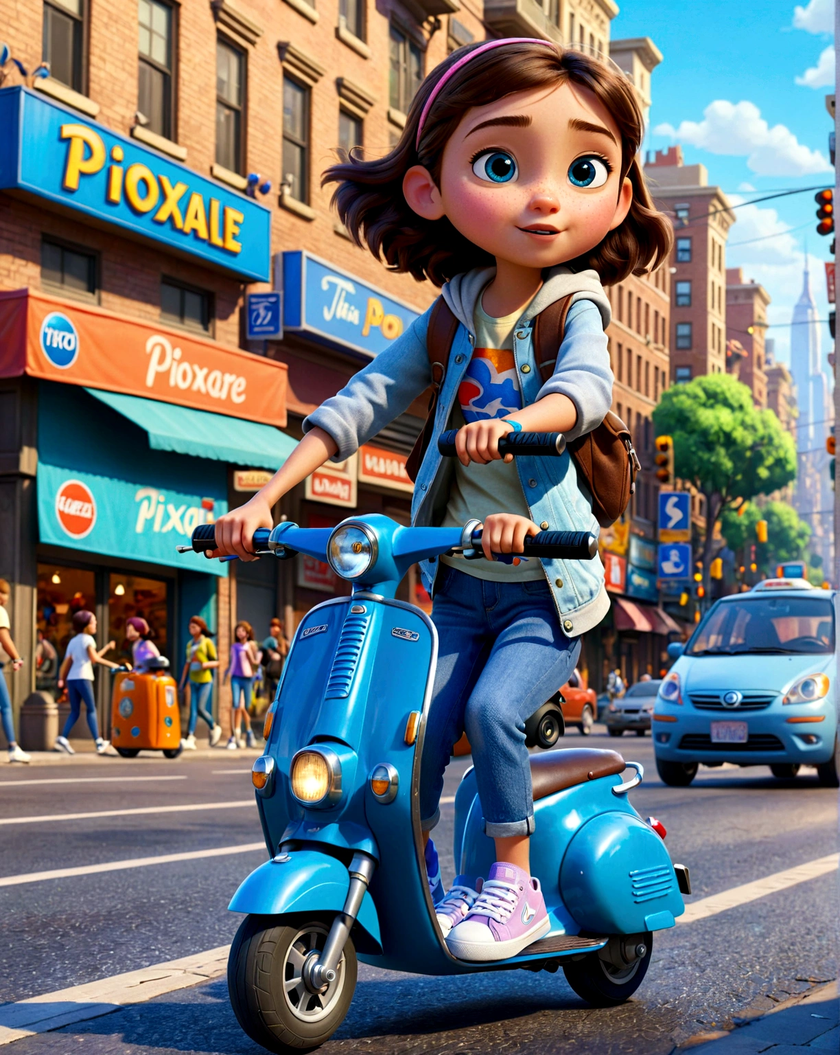 A young girl riding a blue scooter, wearing a casual outfit. She's in a t-shirt and jeans, with a light jacket and sneakers. The background is a busy city street, with cars and people around. Pixar character.