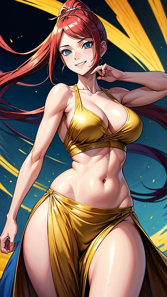 uzumaki_kushina,massive gaint large_breasts, medium thighs, medium_ass, solo, belly_dancer_dress, golden dress, wrinkled silk dress,tight dress,ponytail,navel, cleavage, belly button,no bra,no panties, masterpiece, best quality, detailed face, detailed eyes, highres, (masterpiece:1.4, best quality:1.2), (Highres), (Detailed Illustration), Ultra-Detailed, konohagakure, standing,legs apart,looking in front, smiling playfully,mischievous eyes,blue eyes, dancing ,body on front