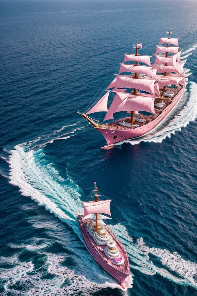 A large pink ship known as the pink mermaid in the style of one piece