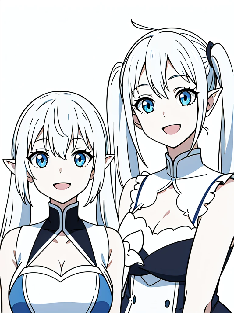 1girl,15s,long hair,white hair,ahoge,twin tails,(white background),pointy ears,sleeveless(cleavage),happy,smile,blue eyes,open mouth,portrait,from front