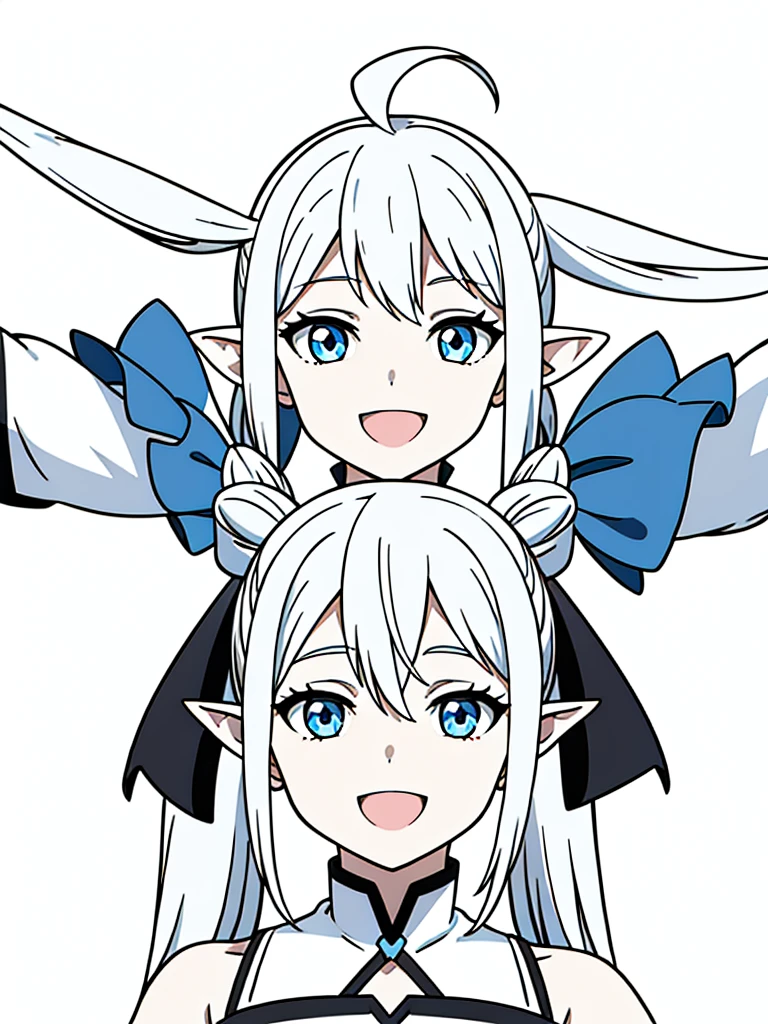 1girl,15s,long hair,white hair,ahoge,twin tails,(white background),pointy ears,sleeveless(cleavage),happy,smile,blue eyes,open mouth,portrait,from front