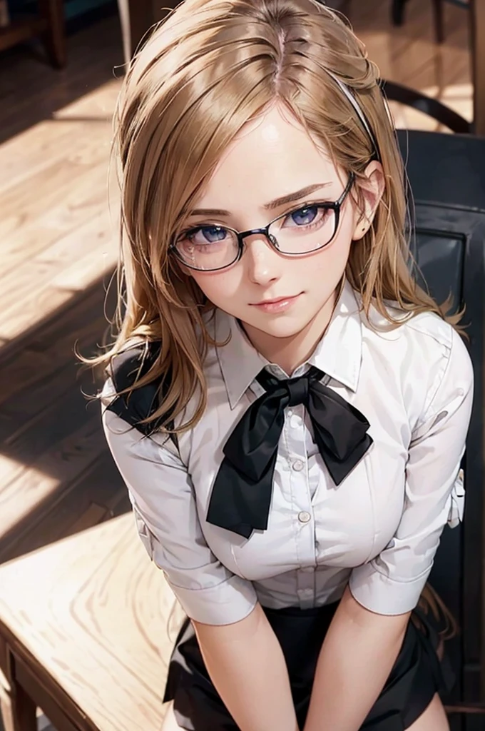 Masterpiece, 最high quality, high quality, High resolution, high quality texture, high quality shadows, High resolution, Beautiful details, Detailed CG, Detailed Texture, Realistic representation of face, Realistic, colorful, delicate, Cinematic Light, Side light, Lens flare, Ray Tracing, sharp concentrated, (1 Girl,concentrated:1.3), ( Intricate details, compensate, PureErosFaceV1:0.5), (細部まで美しいdelicateな顔, 緻密で美しいdelicateな瞳, Perfect Facial Proportions, Dense skin, Optimal ratio of four fingers to one thumb,Unified 8k wallpaper, Arms under chest, Modest chest, Wide Hips, Smooth upper abdomen, 35 years old, blue eyes, glasses, air fortress hair, blonde hair, house wife, the gaze of true love, lips of temptation, A look full of compassion ,a smile full of love, i love you, Acting lovey-dovey, I love you so much I'm crazy,
cabin attendant uniform,white blouse,tight fitting black skirt,black stockings, excellent secretary ,working as a secretary, wooden desk, wooden chair, show off nipples under white shirt