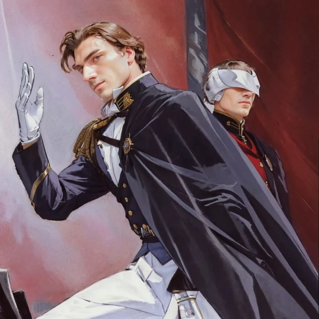 A noble handsome european man from the victorian age, behind him there's a first lieutenant who is covering his upper half head with a metal grey mask