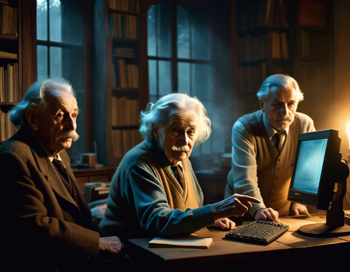 3 elderly people, pointing to a computer in lanhouse, ominous windows shrouded in mist, casting a mysterious and mystical ambience, as if the shadows themselves were about to reveal a sinister secret, with a warm and soft tones of burnt oranges, faded golds and dusty blues, evoking a sense of aged and forgotten knowledge, surrounded by scattered, dusty tomes and ancient scientific instruments, bathed in a warm, soft glow.