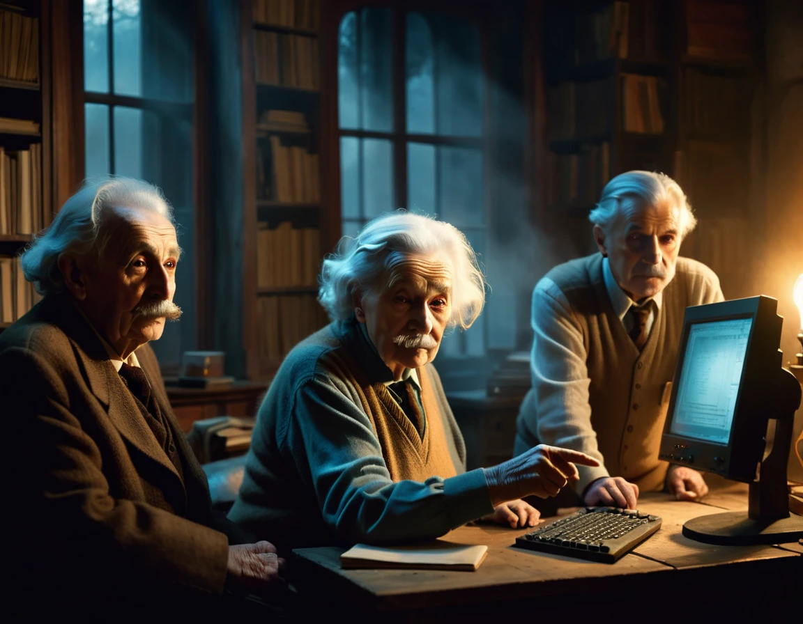 3 elderly people, pointing to a computer in lanhouse, ominous windows shrouded in mist, casting a mysterious and mystical ambience, as if the shadows themselves were about to reveal a sinister secret, with a warm and soft tones of burnt oranges, faded golds and dusty blues, evoking a sense of aged and forgotten knowledge, surrounded by scattered, dusty tomes and ancient scientific instruments, bathed in a warm, soft glow.