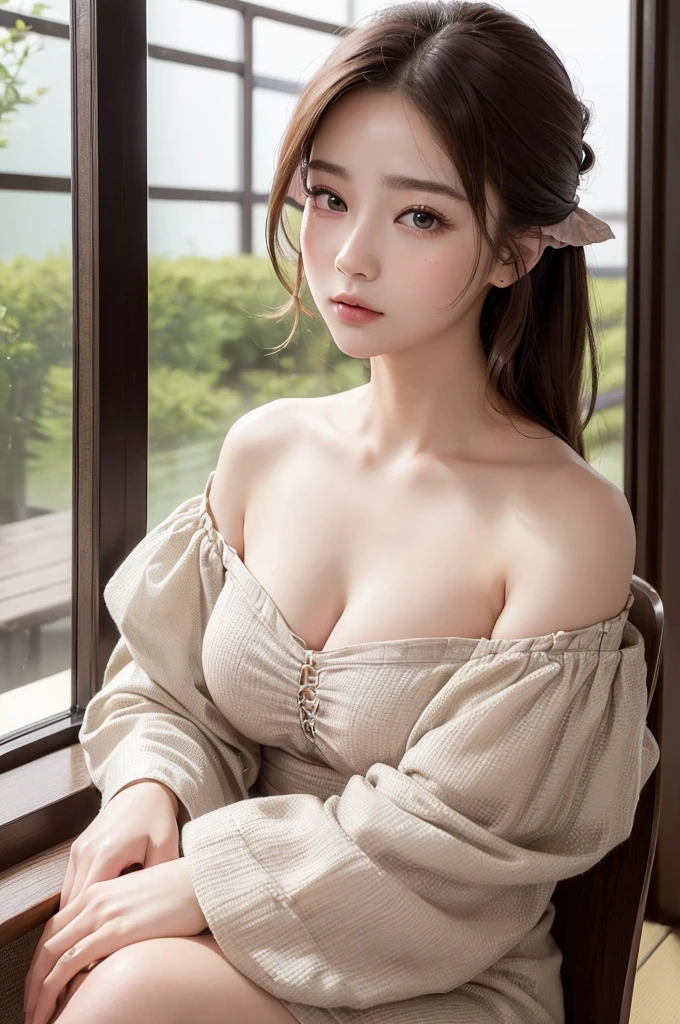 (((masterpiece))),(((High resolution)))、(((8K)))、(((perfect face)))、(((beauty of japan)))、20 years old、(((beautiful face))), (((off shoulder dress))), Plump, embarrassed look, look at the camera、top quality eyes, detailed texture, look at the camera, big