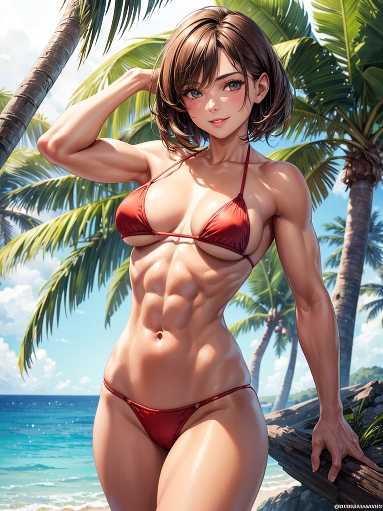 ,(best quality, ultra-detailed, realistic:1.37, masterpiece:1.2), woman, beautiful detailed eyes, beautiful detailed lips, brown hair tied up, smile,red micro bikini, (muscular body:1.1),slim figure, caustics, textile shading, toned body, clean abs, palm trees swaying, messy flipped short hair,