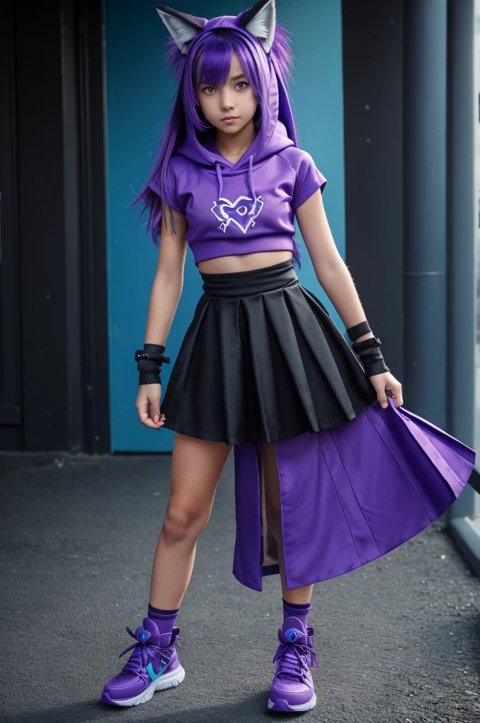 Girl with purple dress,cyan shoe,black skirt,blue air,two purple fox tails,purple fox ear,yelliw pupil in the left black pupil In right and it left arm it robotique and have a slash in thé chest covers with bandage and hidden behind thé hoodie. soul: Hate