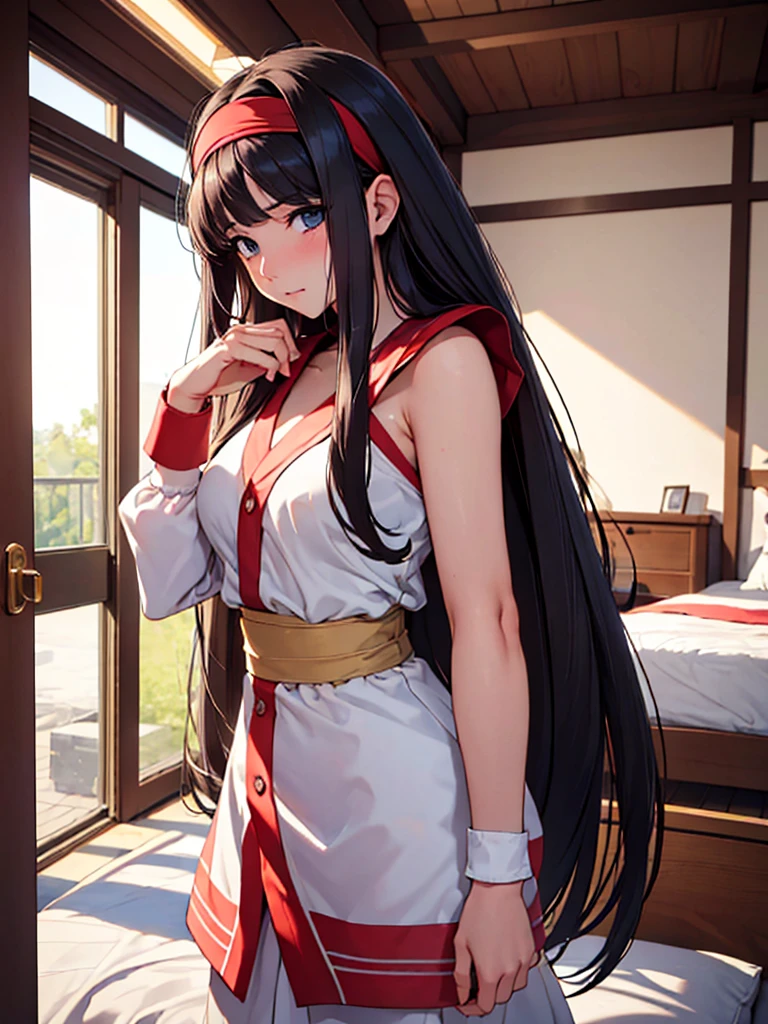 (masterpiece、top-quality、hight resolution), Inside the private room, create an image from the protagonist's point of view. The woman who helped her is visiting and talking to the protagonist. The room has only a few lights and a bed. From her demeanor and actions, it is clear that she is trying to become the protagonist's whore in return. She is blushing and trying to be a prostitute. nsfw, (red ribbon,hairband)