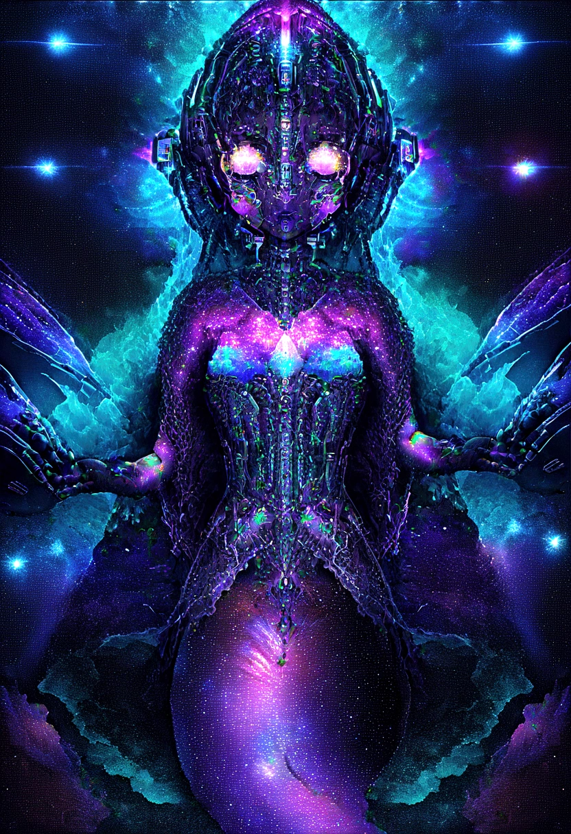 A mesmerizing Galactic Mermaid with sparkling star eyes, her appearance a blend of organic beauty and cybernetic enhancements. She floats gracefully in a dreamy, mysterious space environment. Her scales shimmer with very soft, iridescent colors, surrounded by stardust and shining stars. The scene captures the ethereal and enchanting nature of the mermaid, with intricate details on her cybernetic parts. The background is a vast expanse of the galaxy, filled with vibrant nebulae and distant planets, creating a stunning contrast to her delicate features. Art by Mshiff, designed as UHD wallpaper, with a focus on wallpaper art quality, high detail, and an ultra-high-definition resolution. (galactic mermaid, starry eyes, cybernetic enhancements, dreamy environment, soft iridescent colors, stardust, shining stars, detailed background, UHD, wallpaper art:1.2)