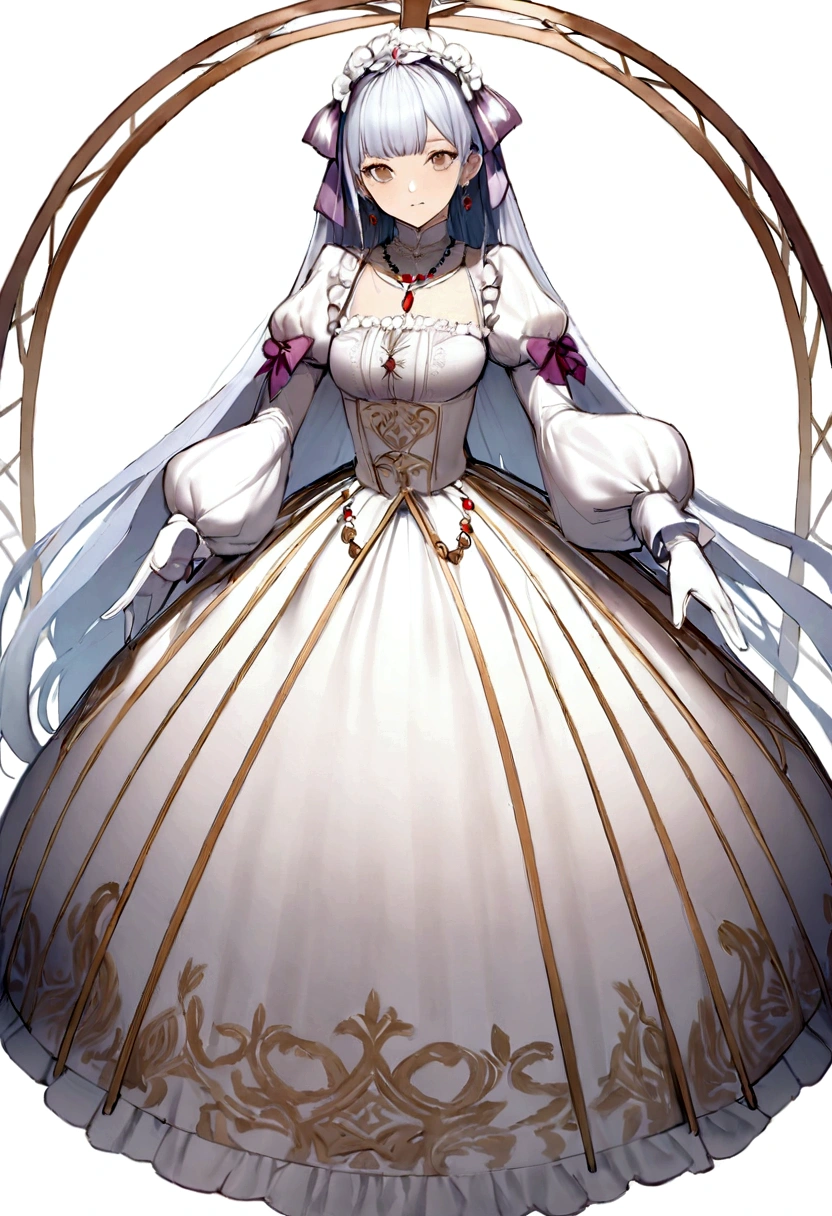 Fairytale Illustration, A Stately and Elaborate Royal Victorian Court Dress of silver damask adorned with (((bows))), poufs, ruffles, frills, lace, (((embroidery))), and jewels,, with (((enormous puffed sleeves))), an hourglass waist, and a (((huge crinoline hoopskirt))) long white gloves, pearl necklace and earrings