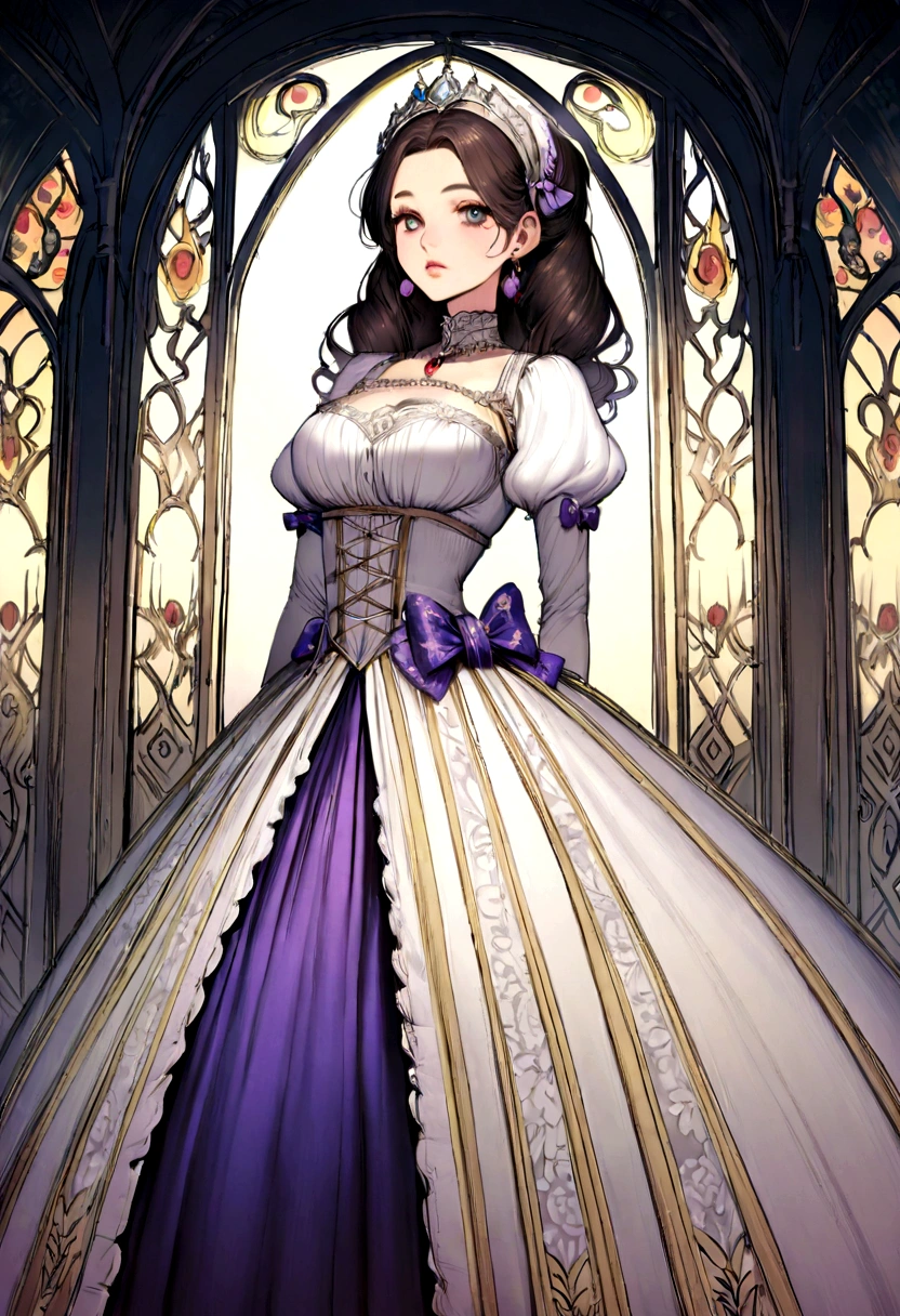 Fairytale Illustration, A Stately and Elaborate Royal Victorian Court Dress of silver damask adorned with (((bows))), poufs, ruffles, frills, lace, (((embroidery))), and jewels,, with (((enormous puffed sleeves))), an hourglass waist, and a (((huge crinoline hoopskirt))) long white gloves, pearl necklace and earrings