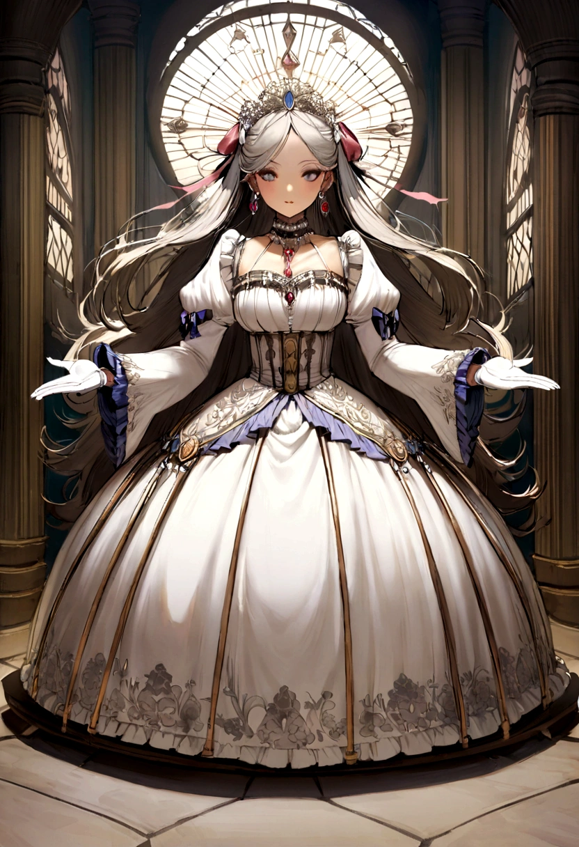 Fairytale Illustration, A Stately and Elaborate Royal Victorian Court Dress of silver damask adorned with (((bows))), poufs, ruffles, frills, lace, (((embroidery))), and jewels,, with (((enormous puffed sleeves))), an hourglass waist, and a (((huge crinoline hoopskirt))) long white gloves, pearl necklace and earrings