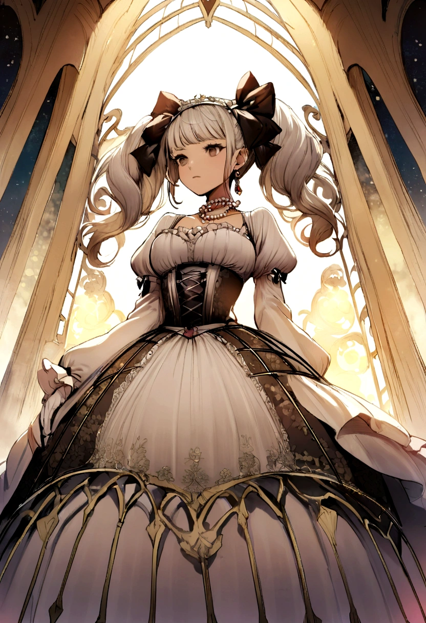 Fairytale Illustration, A Stately and Elaborate Royal Victorian Court Dress of silver damask adorned with (((bows))), poufs, ruffles, frills, lace, (((embroidery))), and jewels,, with (((enormous puffed sleeves))), an hourglass waist, and a (((huge crinoline hoopskirt))) long white gloves, pearl necklace and earrings