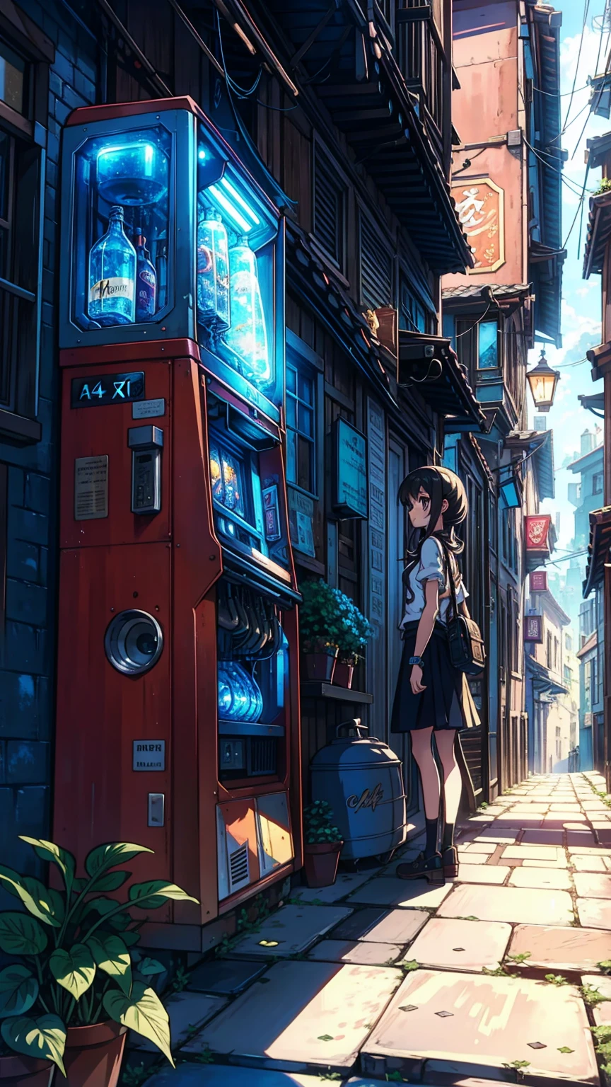 A narrow alley lined with old buildings, worn balconies jutting out over cobblestone pavement, sunlight streaming down from a clear blue sky, leaves clinging to the building walls, a solo traveler teenager girl in retro-futuristic clothes stands contemplating a vibrant beverage machine, magical nook, imagination, Dreampunk details, vibrant colors, serene atmosphere, abasterpiece)), ((best quality)), ultra detailed,((illustration)), dynamic angle, detailed light, (delicate eyes), (ahoge:0.8),apathy, ray,frontage,style of anime4 k, 4k anime wallpaper, badass anime 8 k, 4 k comic wallpaper
