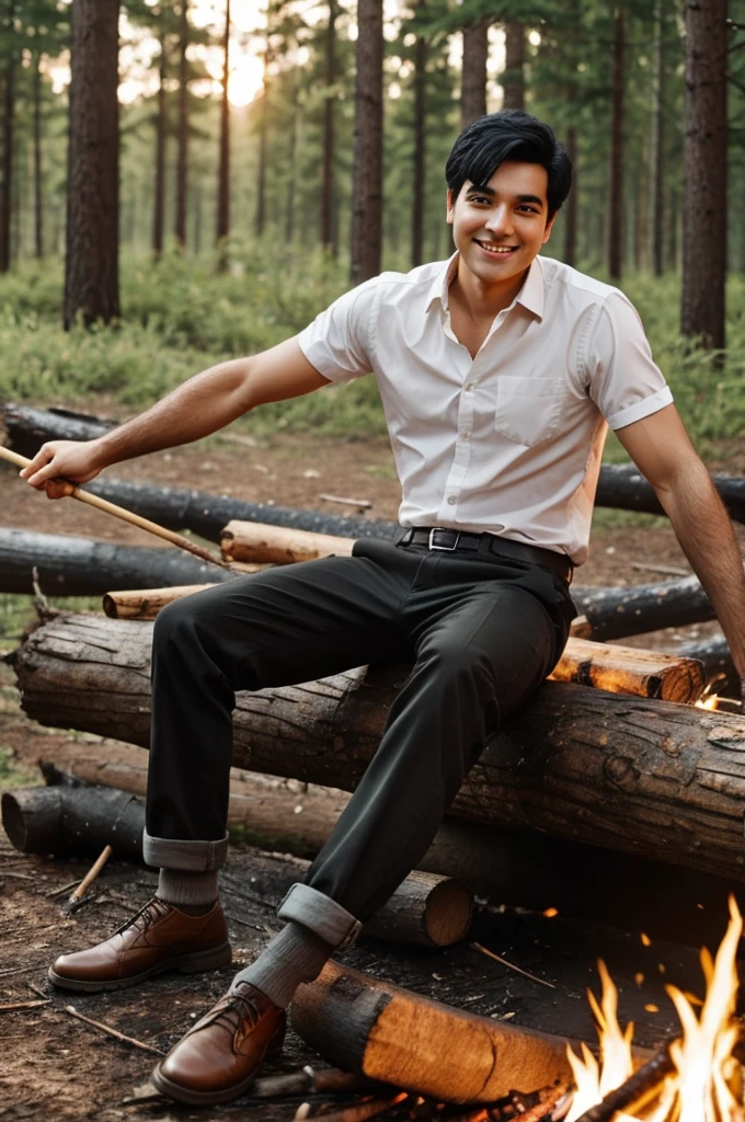 Make a handsome cheerful black-haired boy with one arm who is sitting on a log in front of a campfire
