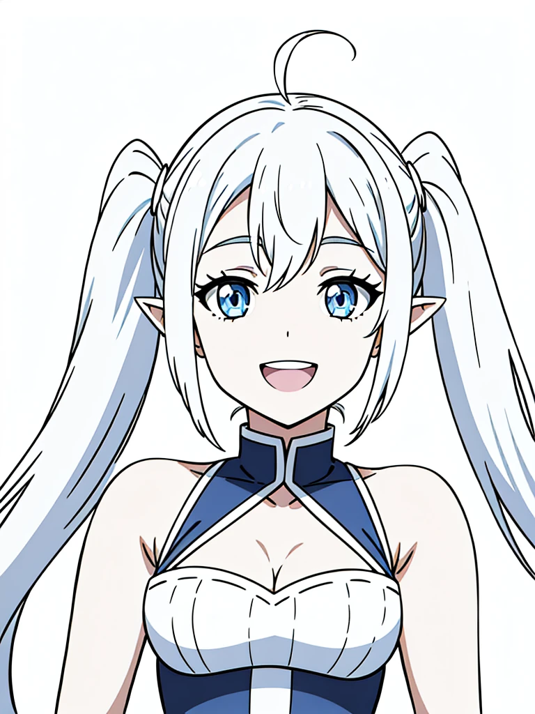 1girl,solo,15s,long hair,white hair,ahoge,twin tails,(white background),pointy ears,sleeveless(cleavage),happy,smile,blue eyes,open mouth,portrait,from front