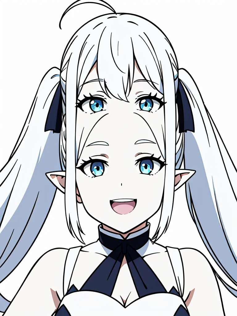 1girl,solo,15s,long hair,white hair,ahoge,twin tails,(white background),pointy ears,sleeveless(cleavage),happy,smile,blue eyes,open mouth,portrait,from front
