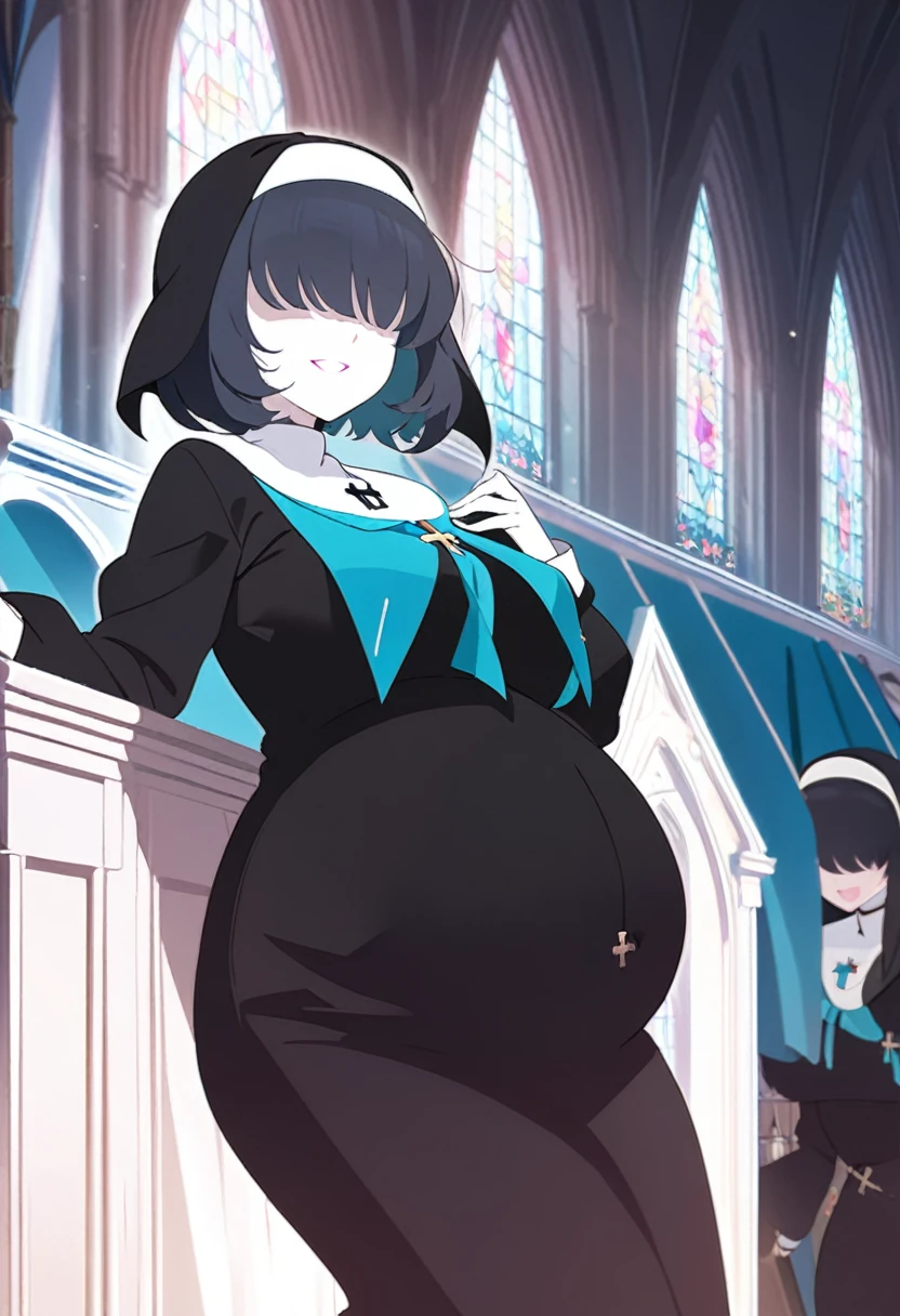 1girl, nun, cross, cross necklacke, jewelry, black hair, turquoise bangs, very short hair, hair over eyes, pale skin, turquoise eyes, black dress, church, smile, big belly, (masterpiece), best quality, anime style,
