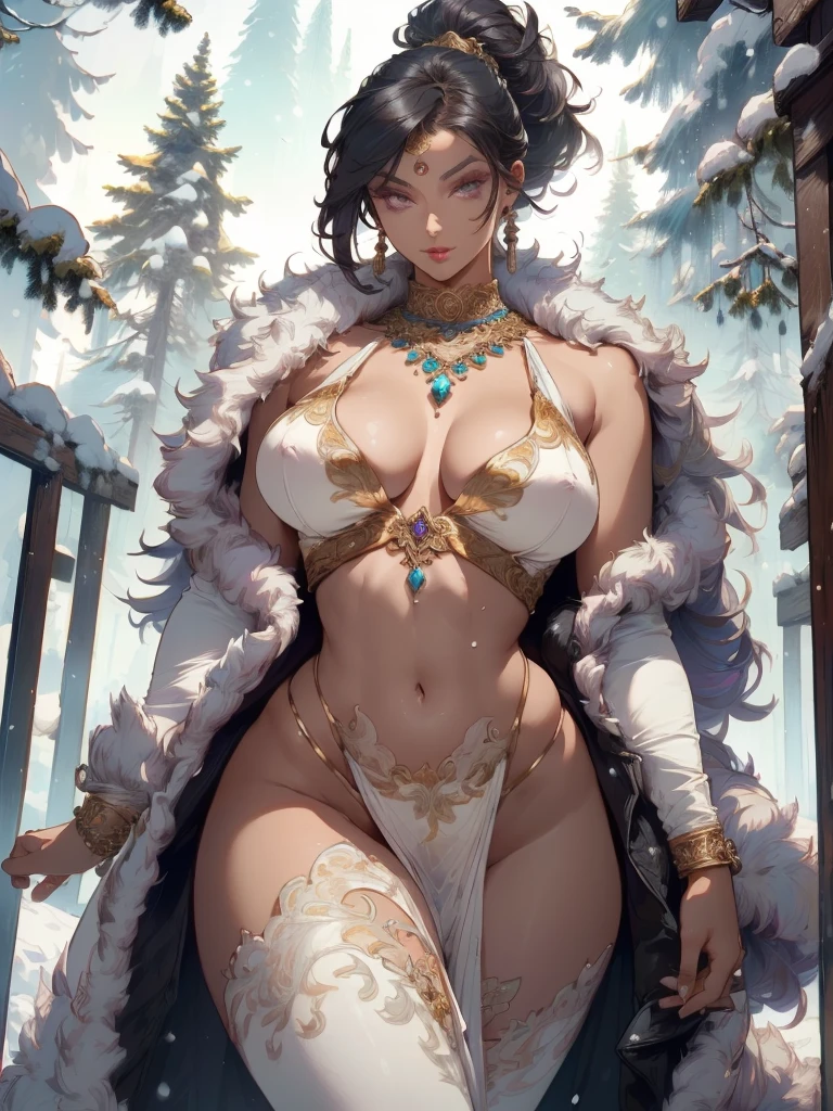 woman,1 woman,((milf,mom,mature,mature woman,45 years old,woman,adult)),((((Indian girl)))),(big breasts:1.5),saggy breasts,(((hair black:1.4,straight hair,long ponytail hair:1.4,Colored inner hair))),(((silver_Eyes:1.3))),intricate Eyes,beautiful detailed Eyes,symmetrical Eyes,((((dark skin:1.4 ,bright skin:1.5,bright skin:1.5,tanned skin,bright skin,very glowing skin,bright body,bright skin)))),(spider lower abdomen,narrow waist,wide hips,bimbo body,inflated legs), (((detailed face))), (cute,slutty,sensual,seductive look,seductive,((Erotic)),opulent,sumptuous,eagerly,(nsfw)), queen,goddess,fantasy,(arab clothing, harem, arabic dancing girl,belly dancer outfit,slave,read slave outfit,jewelry,transparent thong,pelvic drape,belly,bracelets,),((eyeshadow,elegant makeup,eyelid makeup,gold lips,gold lipstick )),((Transparent cloth:1.1)), (((Sexy fur coat, fur coat outfit, wearing a fur coat:1.3,winter coat))),(arabian jewelry,intricate necklace),(( (intricate outfit,intricate clothes,embroidered clothing,ornate clothing))), (dynamic pose:1.0),Embarrassed,(centered,size to fit dimensions,rule of thirds), ((snowy pine forest at night)), with dark and stormy clouds,winter,scenery:1.25,((snow forest background)),christmas tree,high resolution,sharp focus,(ultra detailed,extremely detailed),(photorealistic art:1.37),(extremely detailed CG unity 8k wallpaper),(((vibrant colors,vibrant theme))),(intricate),(Artwork),(best quality),