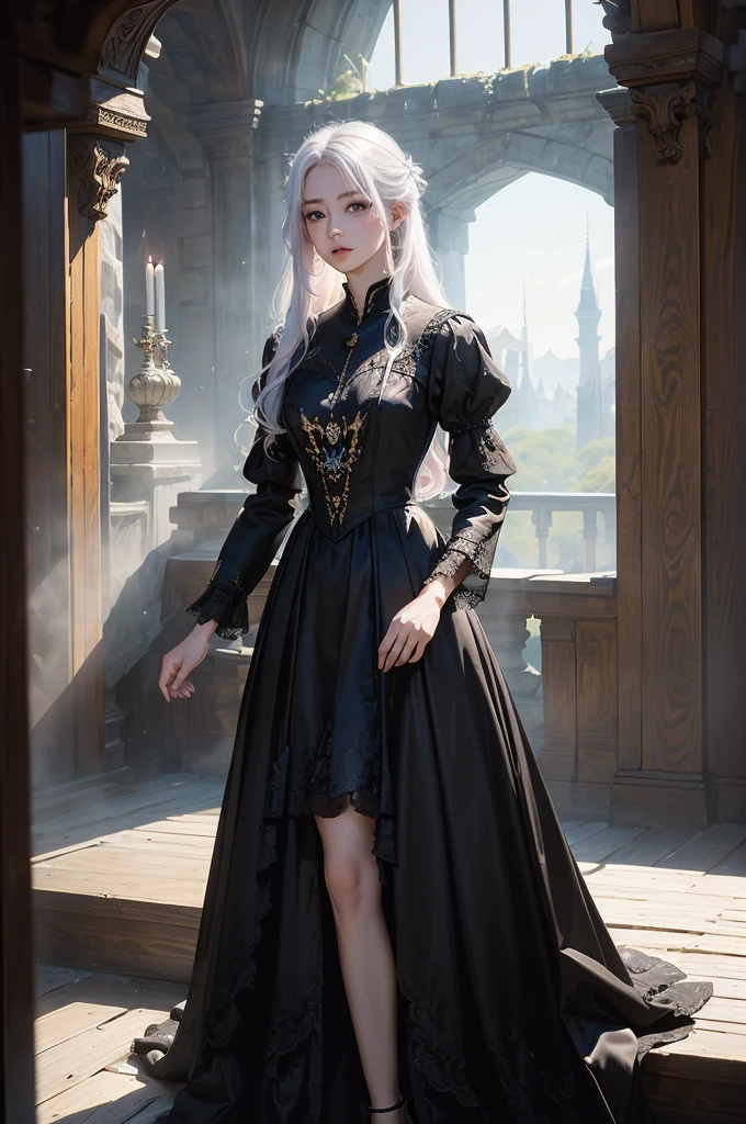 ((masterpiece:1.5,Highest quality,Highly detailed images,Beautiful images、Realistic、Photorealistic、2.5D))(1girl, 独奏)(Adult women、medium breasts, white hair, black eyes, Healthy legs、Tight ass、Beautiful cleavage)(Fantasy dresses、Fantasy Clothes、Black battle dress、Deep slit)(smile, wind, floating hair)(bright、Soft lighting、Inside the castle、The King's Chamber)