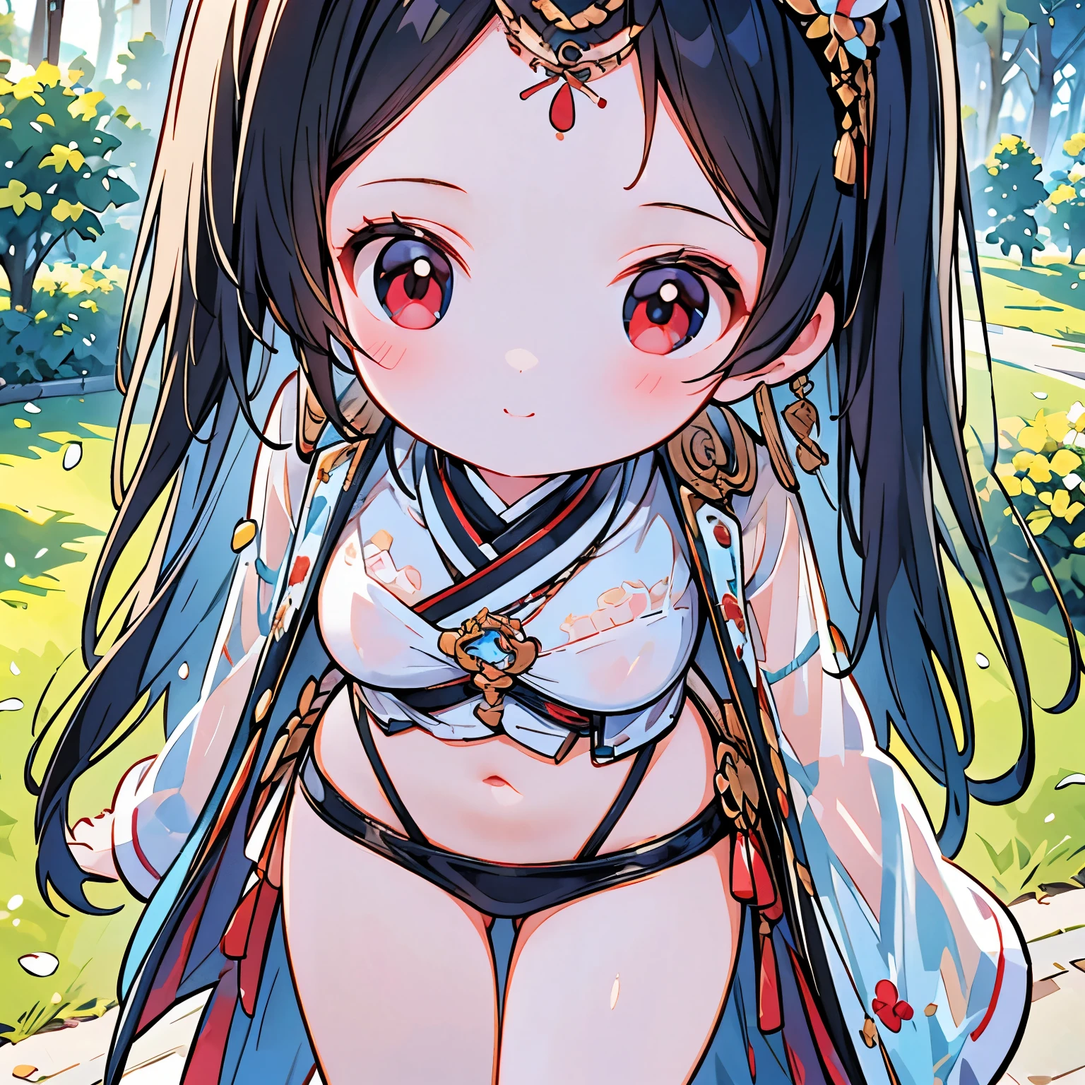 (masterpiece, best quality:1.2)1 Little Loli，The eyes are delicate and delicate，Hair with Glass Black Hair Color，White sexy bikinir，Small Breasts，Leather hip skirt