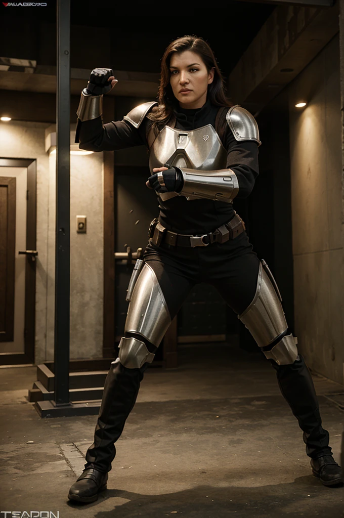 Gina Carano, Mandalorian armor, beskar armor, action pose