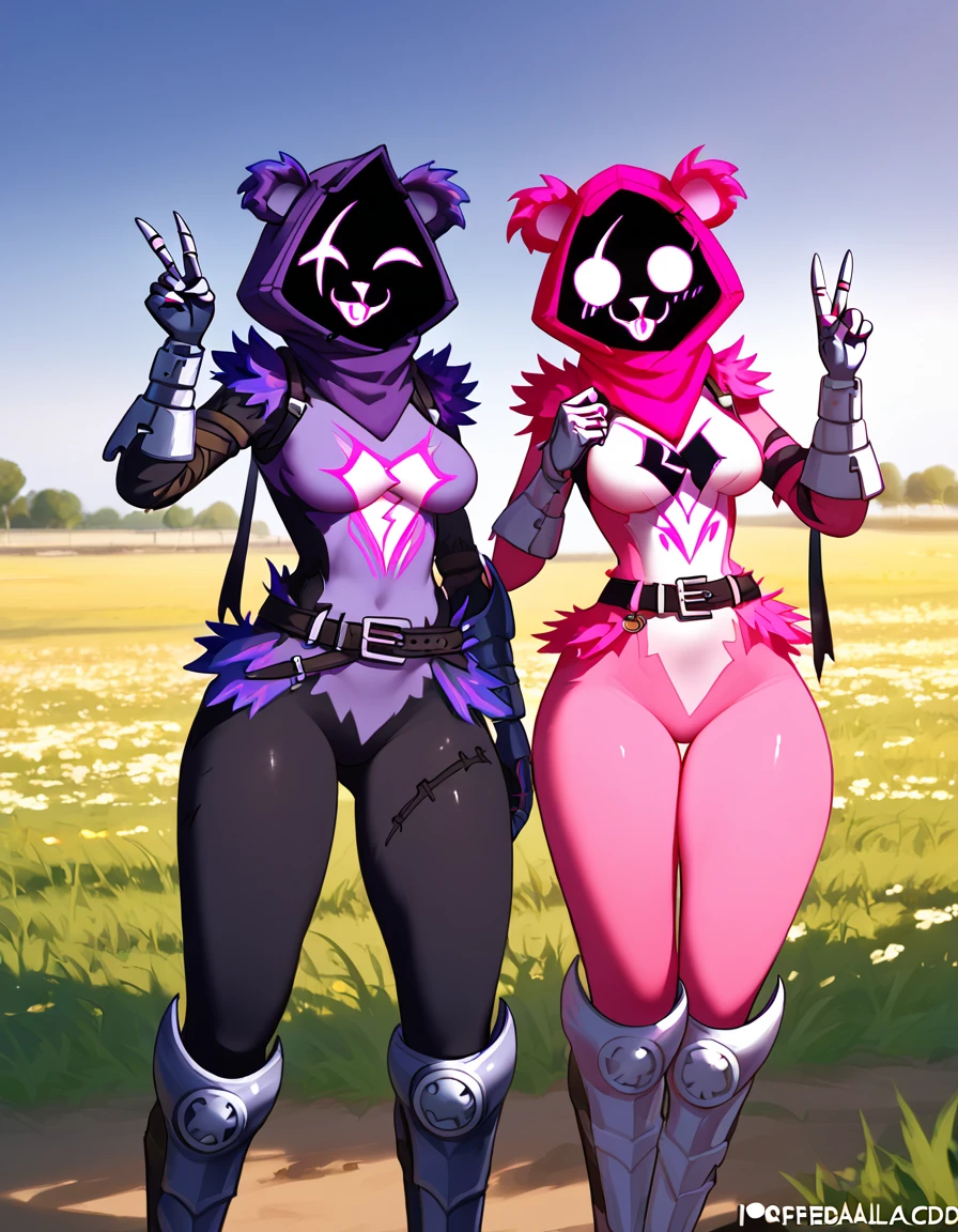 score_9, score_8_up, score_7_up, score_6_up, score_5_up, score_4_up, source_furry, [qb8|nviv], raven team leader, bear, mammal, anthro, armor, armwear, back bow, belt, biped, blush, bow accessory, breasts, bridal gauntlets, clothing, crossbar emanata, duo, emanata, eye scar, facial scar, female, fur, gauntlets, gesture, gloves, hand gesture, handwear, hood, looking at viewer, scar, schynbalds, shadow face, skinsuit, square crossover, standing, three-quarter view, tight clothing, tongue, tongue out, v sign, vambrace, wide hips, epic games, fortnite, BREAK pink body, pink fur, cuddly \(fortnite\), happy, excited, detailed background, outside, field, battlefield, from front, front view
 