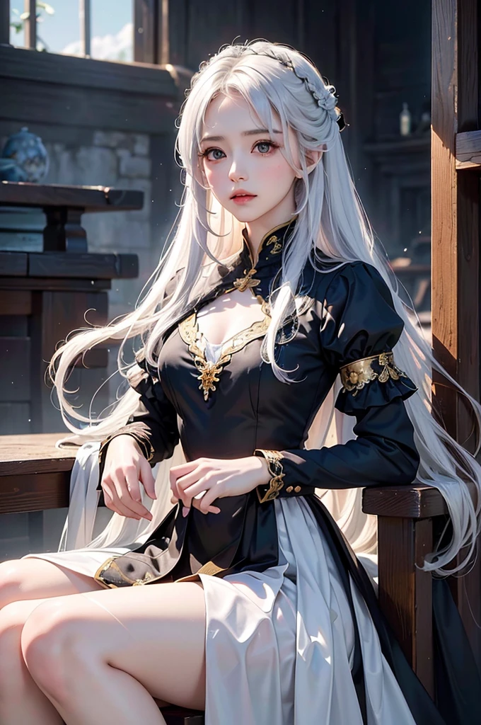 ((masterpiece:1.5,Highest quality,Highly detailed images,Beautiful images、Realistic、Photorealistic、2.5D))(1girl, 独奏)(Adult women、medium breasts, white hair, black eyes, Healthy legs、Tight ass、Beautiful cleavage)(Fantasy dresses、Fantasy Clothes、Black battle dress、Deep slit)(smile, wind, floating hair)(bright、Soft lighting、Inside the castle、The King's Chamber）
