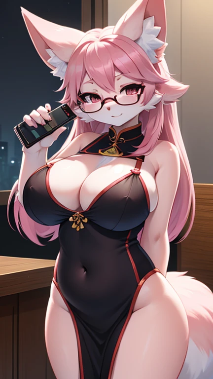 Very detailed content, high quality, masterpiece, beautiful, Yae Miko Fox,  With eyes closed,, Telephone, sunglasses,，hand（Fox Paw）, put glasses on forehead, hand机, 握住Telephone，belly button，Blushed，cute，Big breasts，full，Two fox ears，hairy，There are red patterns on the face，Pink skin，The pink haired one，Cheongsam costume