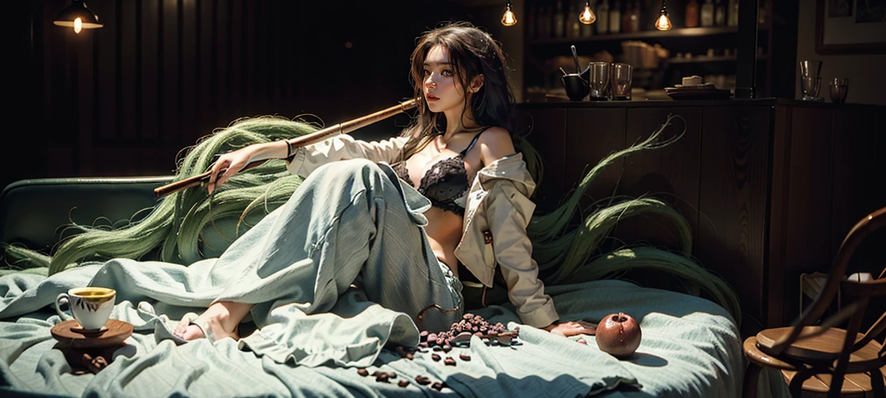 Best quality, masterpiece, ultra high res, (photorealistic:1.4), raw photo, 1girl, waist up, in coffeeshop, deep shadow, dark theme