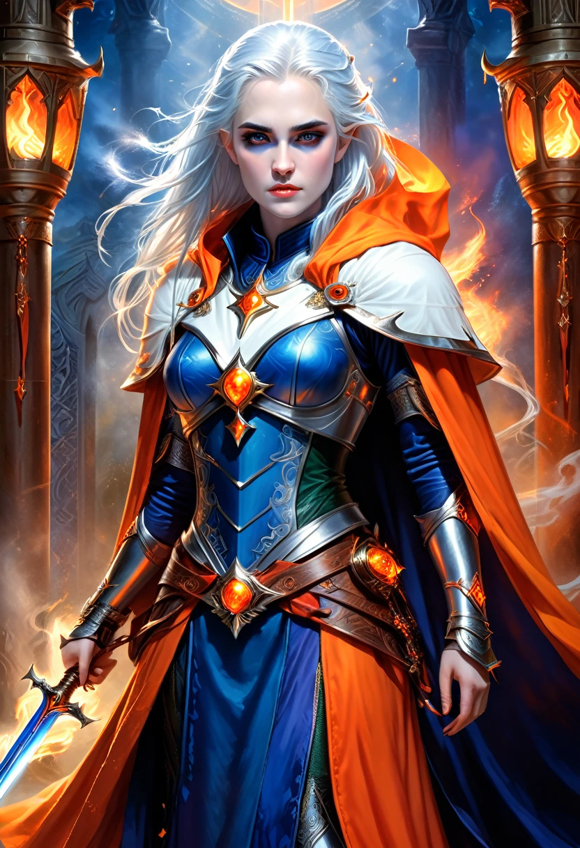 fantasy art, dnd art, RPG art, wide shot, (masterpiece: 1.4) a (portrait: 1.3) intense details, highly detailed, photorealistic, best quality, highres, portrait a female ((blue skin: 1.5)), intense details facial details, exquisite beauty, cleric, ((cobalt blue skin: 1.5)) female, ((white hair: 1.5)), long hair, (((no ears: 1.5))), (green eyes: 1.3), armed with a fiery sword red fire, wearing (twilight priestly combat vestments: 1.5), wearing high heeled laced boots, wearing an (orange cloak:1.3), wearing glowing holy symbol, within fantasy temple background, reflection light, high details, best quality, 16k, [ultra detailed], masterpiece, best quality, (extremely detailed), close up, ultra wide shot, photorealistic, RAW, fantasy art, dnd art, fantasy art, realistic art,((best quality)), ((masterpiece)), (detailed), perfect face, 