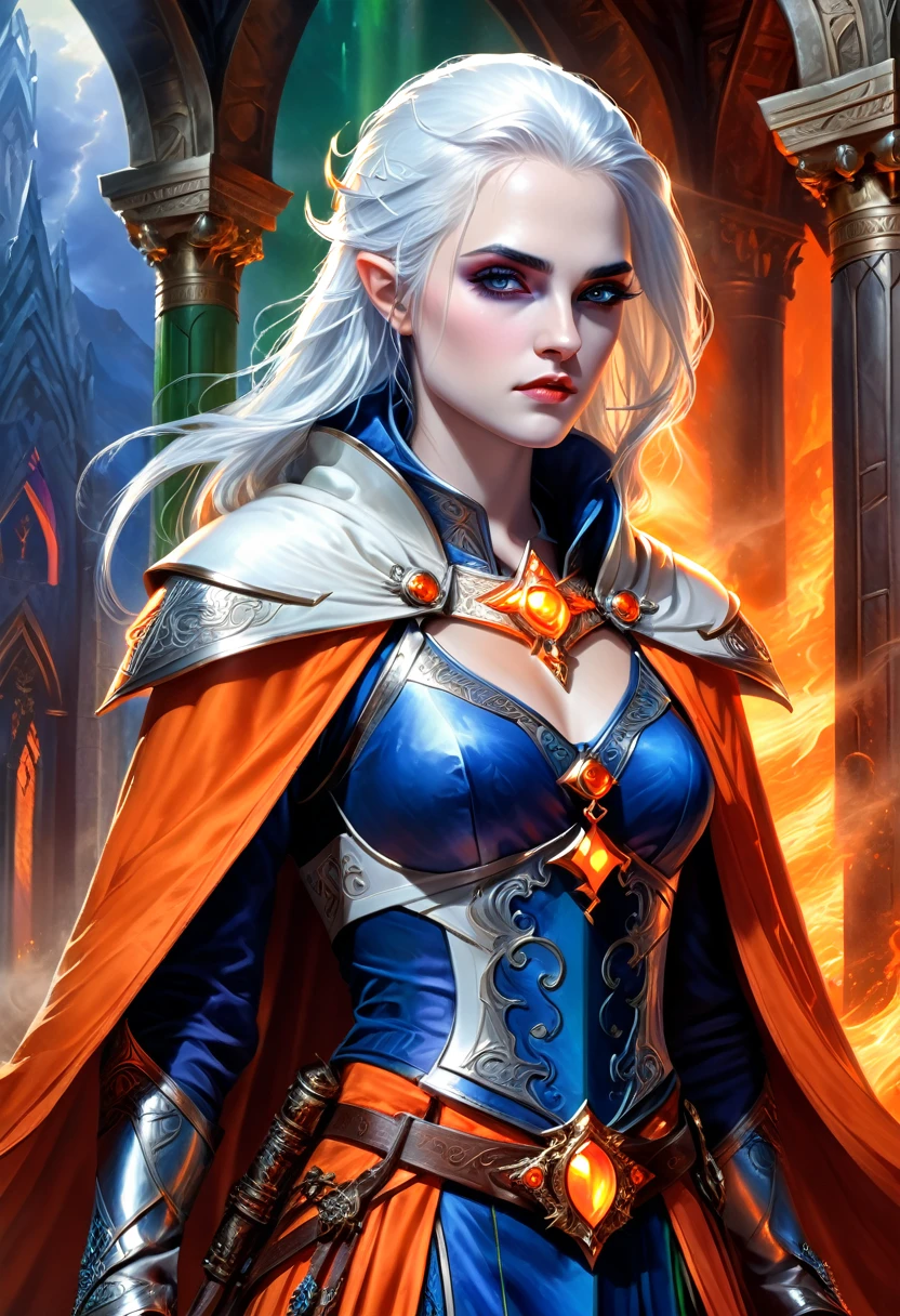 fantasy art, dnd art, RPG art, wide shot, (masterpiece: 1.4) a (portrait: 1.3) intense details, highly detailed, photorealistic, best quality, highres, portrait a female ((blue skin: 1.5)), intense details facial details, exquisite beauty, cleric, ((cobalt blue skin: 1.5)) female, ((white hair: 1.5)), long hair, (((no ears: 1.5))), (green eyes: 1.3), armed with a fiery sword red fire, wearing (twilight priestly combat vestments: 1.5), wearing high heeled laced boots, wearing an (orange cloak:1.3), wearing glowing holy symbol, within fantasy temple background, reflection light, high details, best quality, 16k, [ultra detailed], masterpiece, best quality, (extremely detailed), close up, ultra wide shot, photorealistic, RAW, fantasy art, dnd art, fantasy art, realistic art,((best quality)), ((masterpiece)), (detailed), perfect face, 