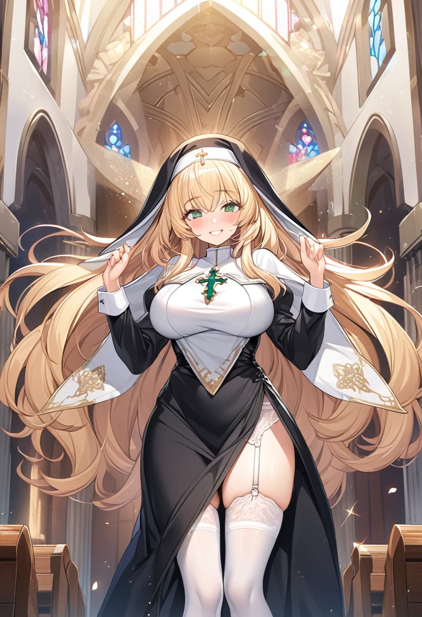 masterpiece, Highest quality, Official Art, Highly detailed CG Unity 8k wallpaper, Detailed Background, (Handcrafted by Guido Daniele), (Finger details), Mature Woman1, (Curvy), (Nuns), (standing in church), (Nuns gown:1.12), (Chest curtain:1.4), (Nuns skirt:1.11), (White Garter Straps Garter Belt:1.12), (Blonde long hair:1.12), (Hair intake:1.12), (Green Eyes:1.2), blush, (Loving smile, holy smile), ((Huge breasts:1.8、Sagging breasts:1.5、Long Breasts:1.3、sagging breast:1.7)), Tight waist, Shiny skin, (Cross Necklace), indoor, (Sacred Scene), (church:1.11), (Sunlight streaming through stained glass),Mature Woman、Monastic Clothes、White panties、naughty face、heavy breathing、Provocative smile、Sticking out tongue 、thigh focus、drunken eyes、Spreading her pussy with both hands、Open pussy、vagina、open vagina 、spread her vagina、spread legs、Take off、excessive cum、creampie、pussy cum、((Sleep on your back、folded、on back、lying))